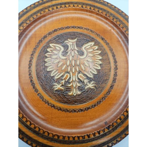 Vintage Hand Carved Wood Polish Falcon Hanging Plaque Wire Accents 12" Plate - Picture 2 of 6